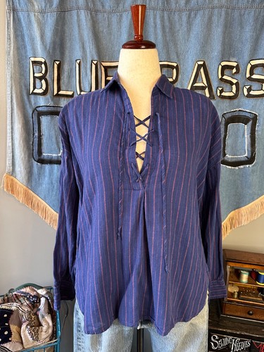 Free People Under the Boardwalk Tunika Top S blau Schnürung Ausschnitt Popover Streifen - Bild 2 von 13