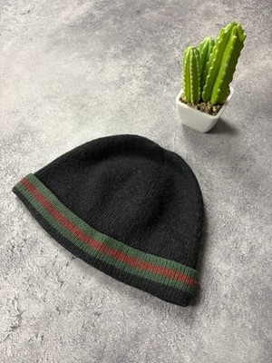 GUCCI Vintage Lana Wool Silk Stripe Cap Hat Luxury Rare Hype Black Knit OS Mens
