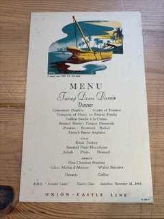 1953 RMS “Arundel Castle” Union Castle Line Menu Card