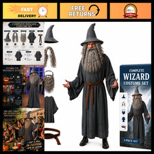 Wizard Costume Set for Men - Complete Adult Outfit with Hat, Wig, Beard Robe