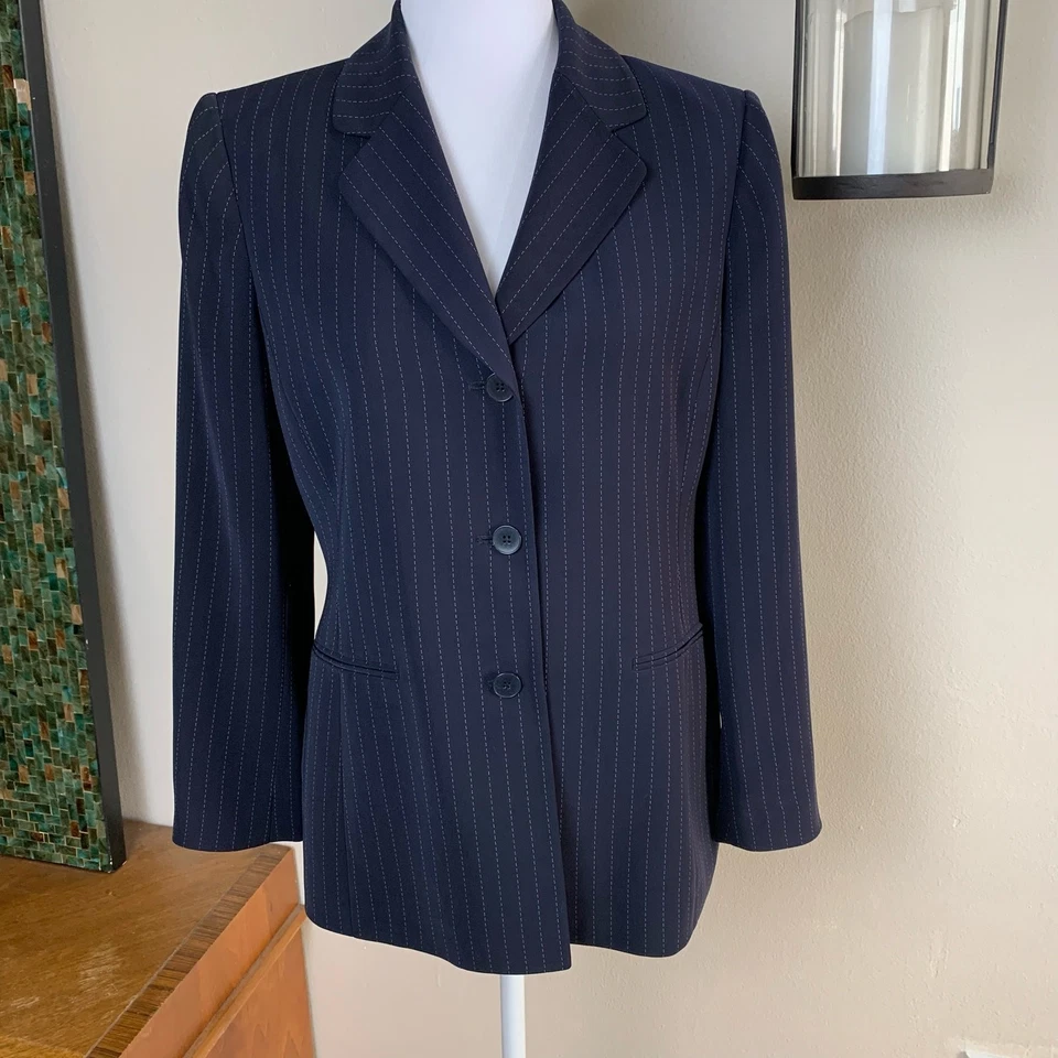 Kasper Petite Size 8P Pinstripe Blazer Jacket Navy Blue White Career   - Image 2 of 4