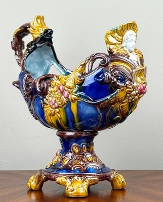 Art Nouveau Barbotine Majolica Goddess Dragon Cache Planter Antique Centerpiece