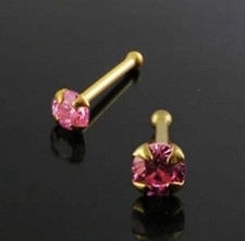 Nose Stud Bone Pin 14K Carat Genuine Gold With Pink Gem Choice Of Stone Size 22g