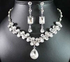 BREATHTAKING CLEAR AUSTRIAN RHINESTONE BRIDAL NECKLACE EARRINGS SET SILVER N1810