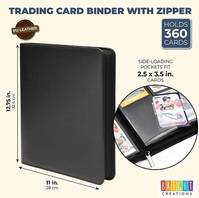 Bright Creations Card Binder with Zipper - 9 Pockets Trading Cards Album Folder - 360 Side Loading Pockets (Black) Bright Creations Card Binder with Zipper - 9 Pockets Trading Cards Album Folder - 360 Side Loading Pockets (Black)