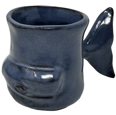Studio Art Pottery Handmade WHALE TAIL MUG Blue Fin Ocean Sculpture By Thora EUC