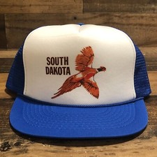 Vintage South Dakota Hat Snapback Trucker Cap Mens Blue White Pheasant 90s READ