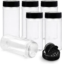 6 Pack 16 Oz Plastic Spice Jars with Black Cap, Clear and Safe Plastic Bottle Co