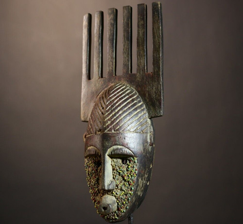African Pende Comb Crest Mask Glitter Beads Carved Wood Congo Tribal Arts-G4977