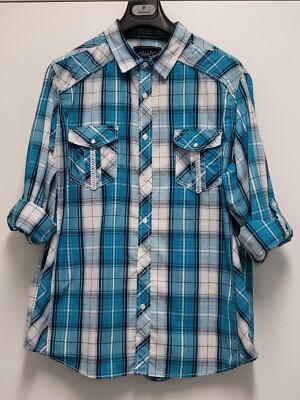 Chalc Mens Shirt Pearl Snap XXL Button Up Roll Tab Long Sleeve Pockets Plaid