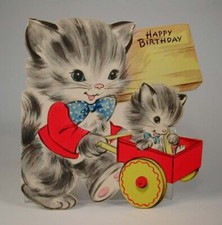 Vintage 1950's Hallmark Birthday Card Die Cut Cat with Kitten on Wagon Card Used