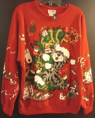 Christmas Kitty Cat Women Sweatshirt Nutcracker M Red Vtg Glitter Puffpaint New