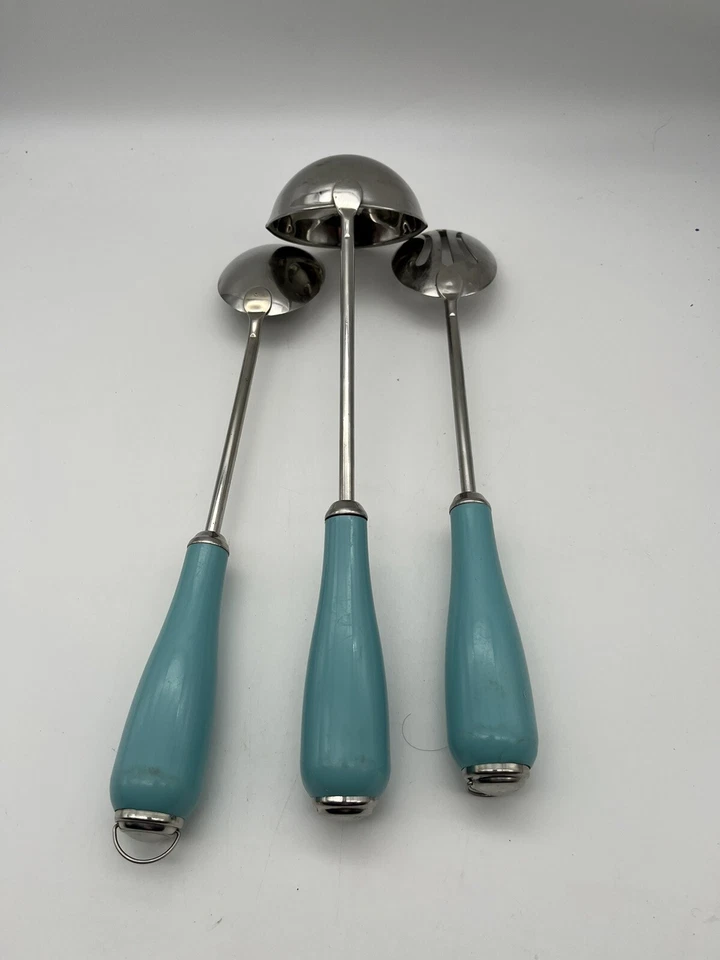 Cuisinart Turquoise Aqua Handle Stainless Cooking Utensil Set Of 3 Spoons Ladle - Image 3 of 4