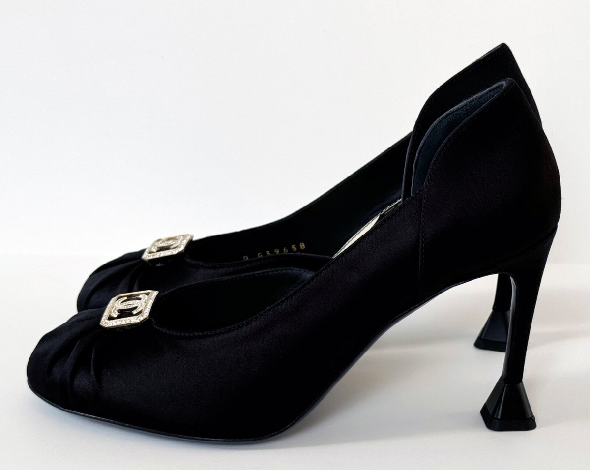 NIB 23C CHANEL BLACK SATIN D'ORSAY CRYSTAL RUNWAY HIGH HEEL PUMPS