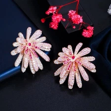 Multi-Tone Gold Plated Cubic Zircon Firework Flower Stud Earrings Bridal Jewelry