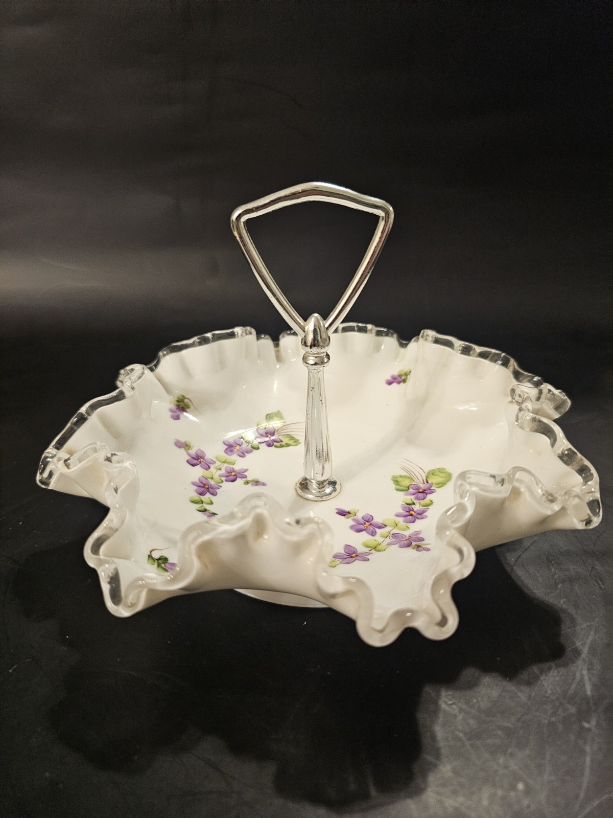 Fenton Silver Crest Hand Painted Violets In The Snow Handled Tidbit Bowl Candy
