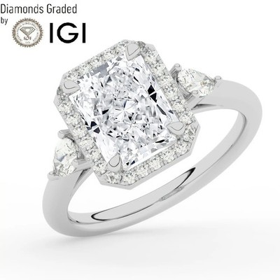 Radiant Solitaire Labgrown Diamond Trilogy Ring 18k White Gold