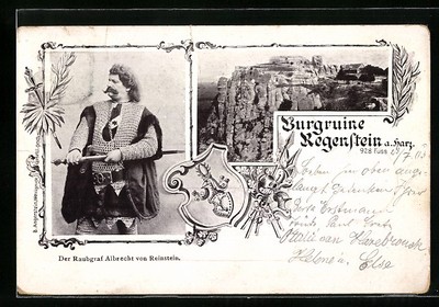 AK Regenstein a. Harz, Raubgraf Albrecht von Reinstein, Burgruine, Wappen 1903 