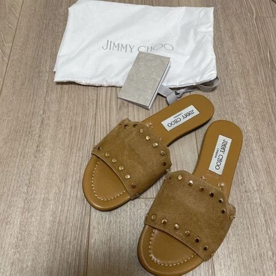 JIMMY CHOO Sandales Plates Avec Studs Mules Talons Femme Taille 35 Marron Doré - Photo 1/4
