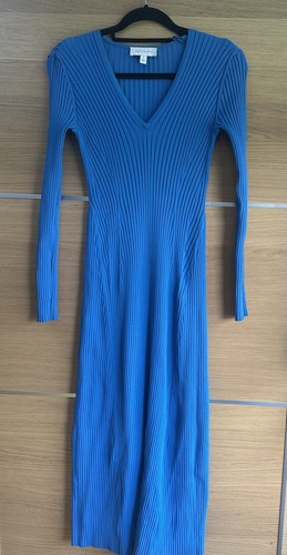 Witchery Size S 10 12 Electric Blue V Midi Dress Long Sleeve Ribbed Knit Jumper - Picture 2 of 9