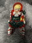 Vintage Ceramic Geo Z Lefton Christmas Shopper Girl in Candy Cane Sleigh 1956 S1
