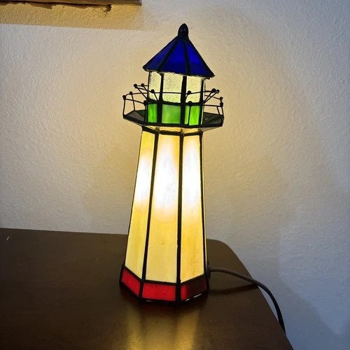 Tiffany Style Light House Lamp Faux Stain Glass Vintage 10”
