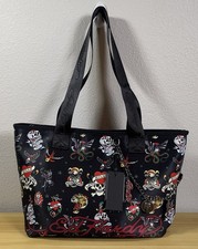 Ed Hardy Large Tote Zip Black Eve Print Chains Charms Logo Skull Heart Y2K NEW