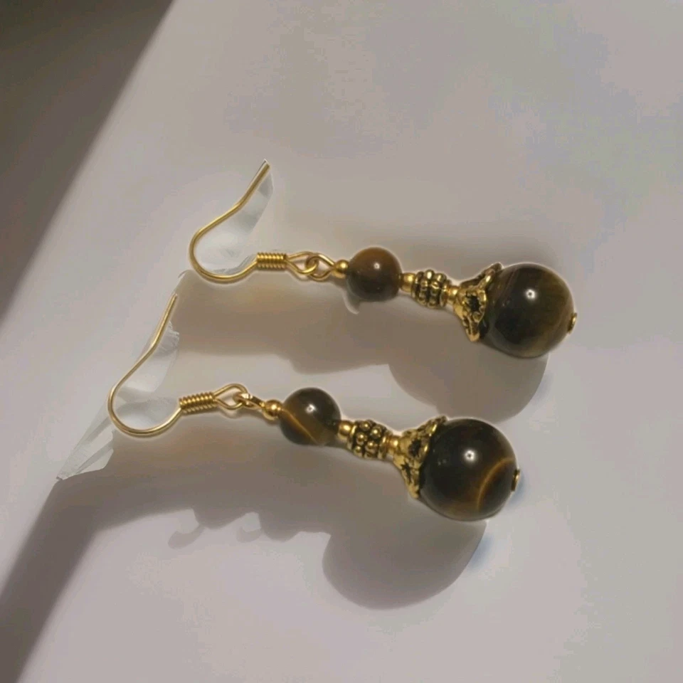 TIGERS EYE Gemstone Earrings In Gold Plate.drop Dangle - Image 2 of 4
