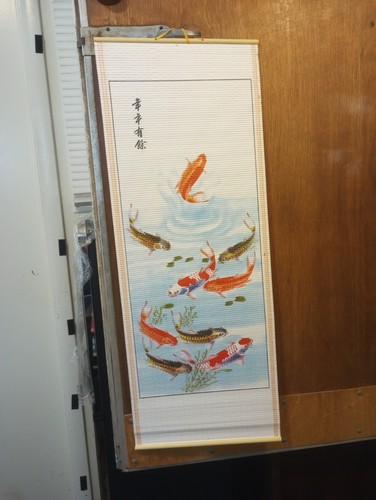 Chinese Nine Koi Fish Feng Shui Fortunate Painting Rattan 33x12.5in Wall Scroll 