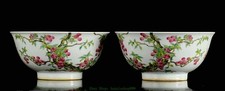 5.9"Enamel Color Porcelain Litchi Flower Bird Pattern Teabowl Bowl Bowls Pair
