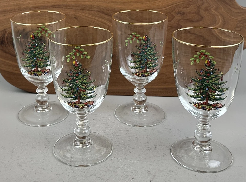 Spode Christmas Tree Goblet Water Iced Tea Glass Pedestal with Box USA Set of 4 - Image 2 of 4