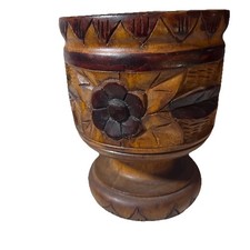 Vintage Turned And Hand carved Wood Vase Hand Painted