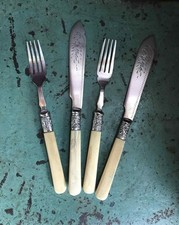 Antique Bone Handle Fish Cutlery Set Floral & Silver Ornate Cuffs / EPNS Ends