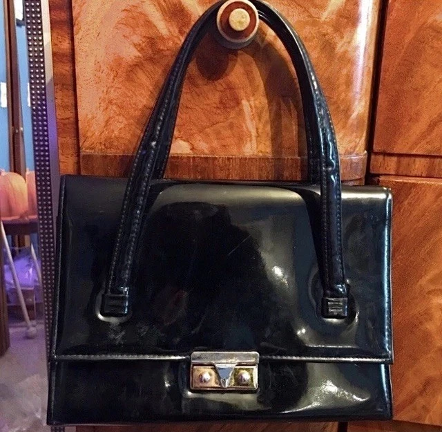 Bolso de mano vintage de charol negro de los años 50 con caja 2 correas dorado Foto 4 de 4