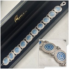 Vintage Art Deco Sterling Silver Decorative Blue Enamel Round Panel Bracelet