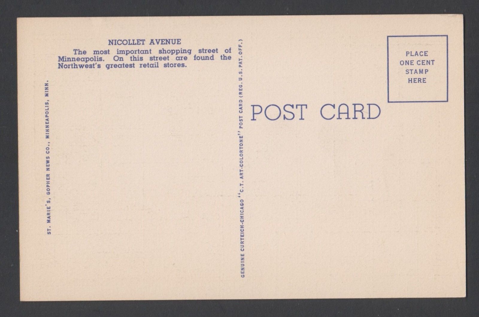 border linen postcard - Nicollet Avenue, Minneapolis, Minnesota - old cars