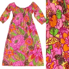 Vintage 60s MUMU FLORAL PRINT DRESS L Hawaiian Psychedelic Kaftan Muu Muu MCM