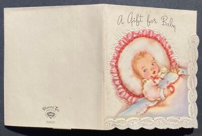 vintage BABY GIFT DIAMOND LINE GREETING CARD MCM DIE CUT EMBOSSED