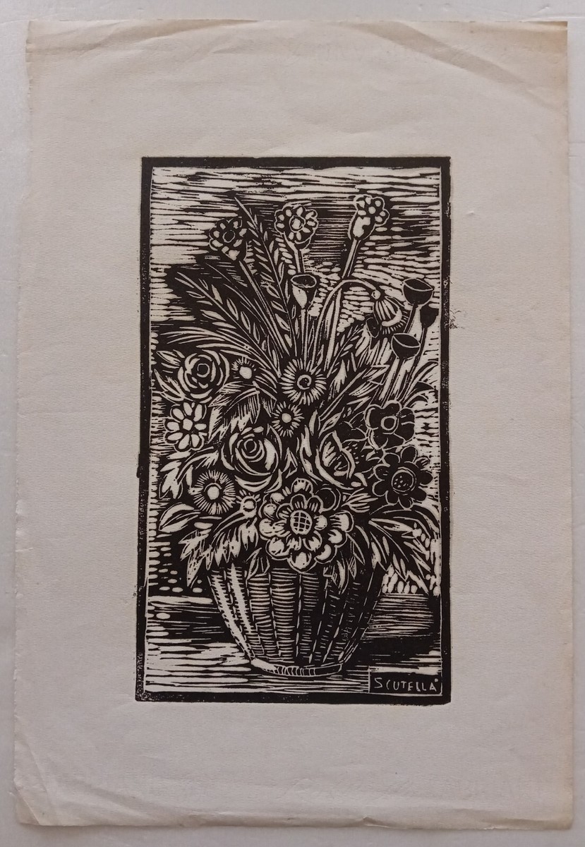 Saverio Scutellà Vaso di fiori Xilografia Firmato 48,2x33 cm