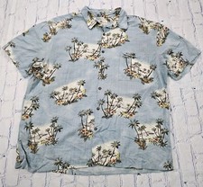 Island Shores Hawaiian Shirt Blue Palm Trees Floral VINTAGE MENS SIZE L