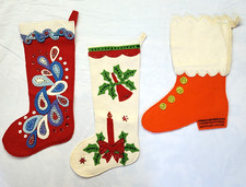 3 -60s Felt Christmas Stockings Sequins Beaded Handmade Boot Candle Bell Paisley