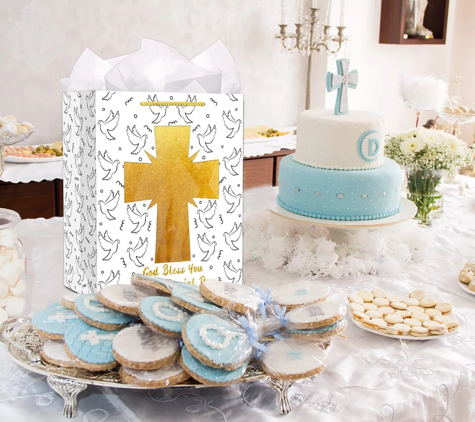 Bolsa de Presentes de Primeira Comunhão para Meninas Meninos Cruz de Ouro Bolsa de Presentes de Batismo Confirmar... - Imagem 3 de 4