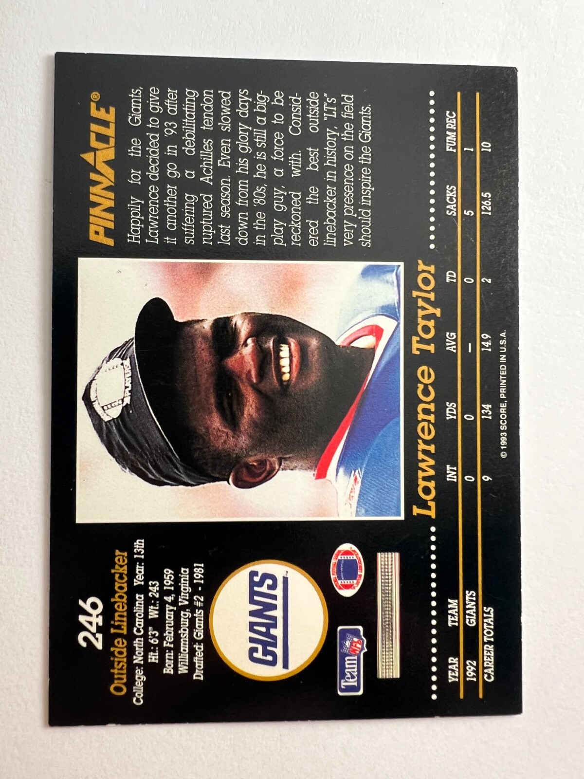 1993 Pinnacle Football Card 246 Lawrence Taylor New York Giants eBay