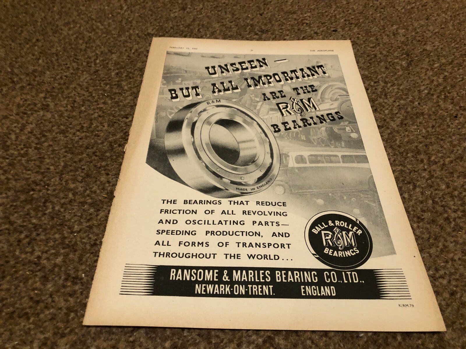 FRAMED ADVERT 11X8 RANSOME & MARLES BALL & ROLLER BEARINGS NEWARK ON