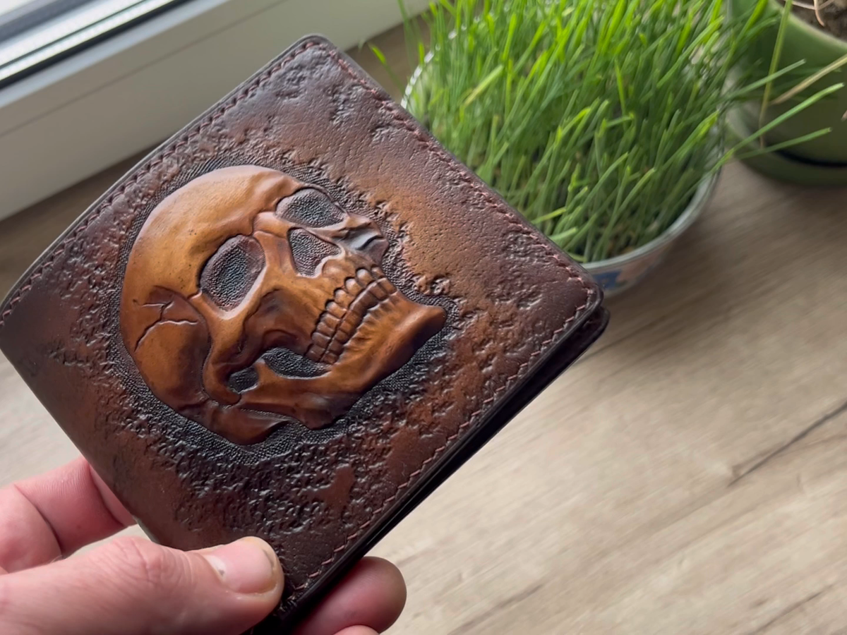 Skull wallet Genuine Leather wallet Skeleton, biker wallet, Men's