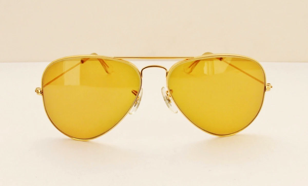 Vintage B&L Ray Ban USA Aviator Ambermatic Yellow 58mm All-Weather
