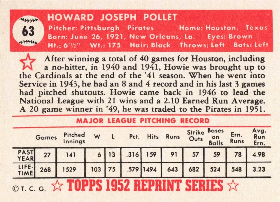 1983 Topps Baseball 1952 Reprint Howie Pollet Pittsburgh Pirates #63 - Image 2 of 2