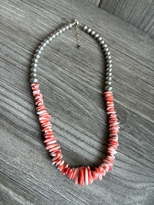 Orange Spiney Oyster Shell With Stamped Sterling silver Beads Necklace 18 Inch
