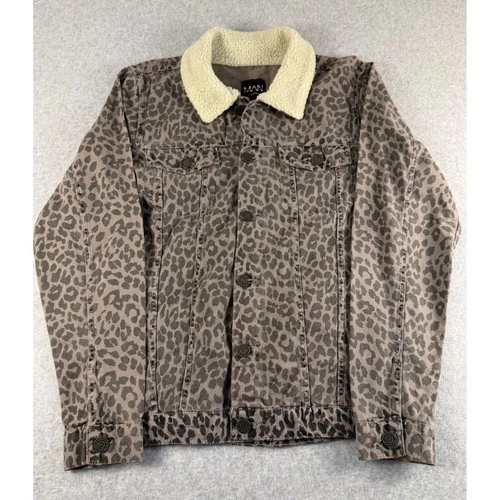 boohooMAN Mens Leopard Print Denim Trucker Jacket with Borg Fleece Collar M - product listing photo