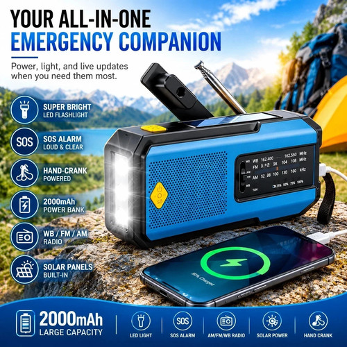 Manivela Dinamo Cuerda Solar AM FM Radio USB Cargador Camping Luz Antorcha Regalo - Imagen 1 de 10